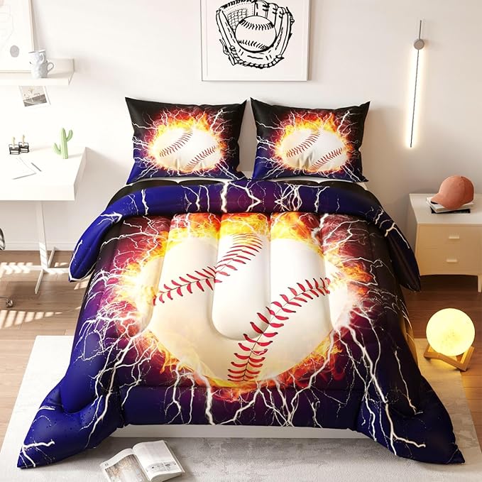 Baseball Comforter Set, 3D Sports Pattern for Kids Teens Adults,Decorative Bedding Comforter Sets with 2 Pillow Shams, Twin Size