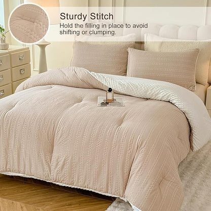 Boho Comforter Set Queen Size Striped Pleats Bohemian Seersucker Bedding Set All Season Soft Cozy 3 Pieces Quilt with 2 Pillowcases(90"X90" Beige)
