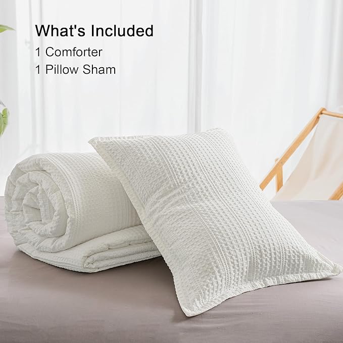 PHF Soft Waffle Comforter Set Twin Size- Comfy Breathable Waffle Weave Comforter with 1 Pillow Shams, 2 Pieces Less Snagging Lightweight Textured Bedding Set for All Season, Cream