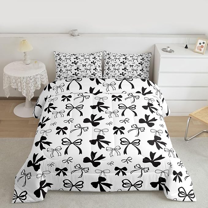 Erosebridal Black Bow Bedding Set Cute Coquette Bowknot Comforter Set Twin Size for Kids Girls Teen,Black Watercolor Bow Bedding Comforter Sets Modern Simple Fashion Aesthetic Bed Set