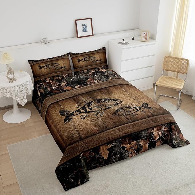 Erosebridal Camo Bass Fish Bedding Comforter Sets Fishing Bass Big Fish Bedding Set Full Rustic Farmhouse Lake House Comforter Set for Boys Men Fisherman,Retro Tree Camouflage Cabin Quilt Set