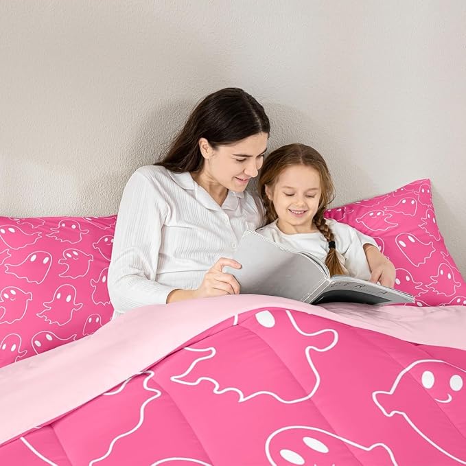 Erosebridal Girls Hallloween Ghost Bedding Set Full, Kawaii Ghost Comforter Set, Cute Pink Spooky Comforter for Kids Teens Women Bedroom Decor, Funny Halloween Decor Quilt