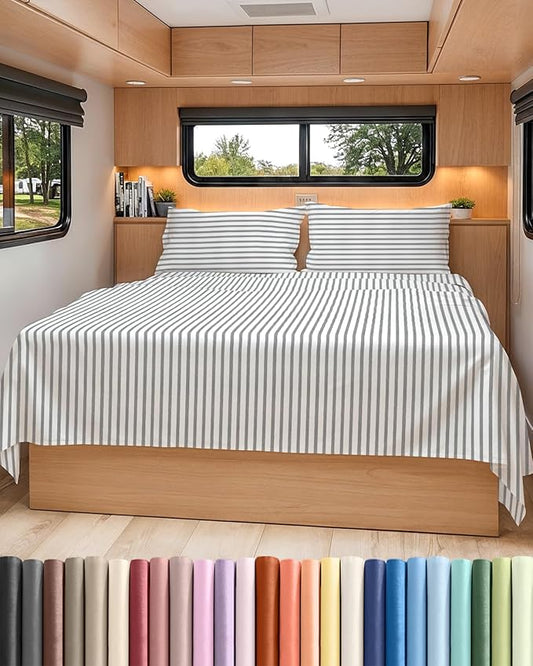 Short Queen RV Size 4 Piece Sheet Set - Comfy Breathable & Cooling Bed Sheets Set - Hotel Luxury Bedding for Women, Men, Kids, Teens, Boys & Girls - Deep Pockets, Ultra-Soft, Oeko-Tex - Grey Stripes