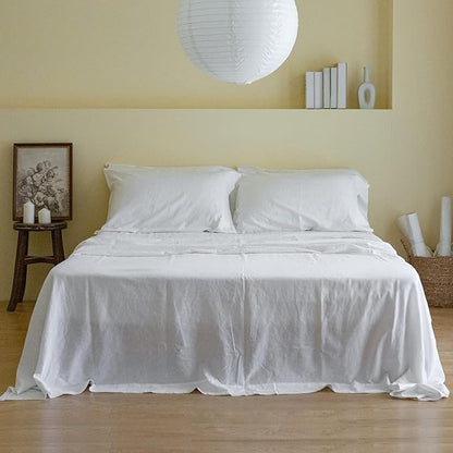 Simple&Opulence Belgian Linen Sheet Set Solid Color - 6 Pieces (1 Flat Sheet & 1 Fitted Sheet & 4 Pillowcases) 16" Deep Pocket Natural Flax Cotton Blended Soft Bedding - White, California King