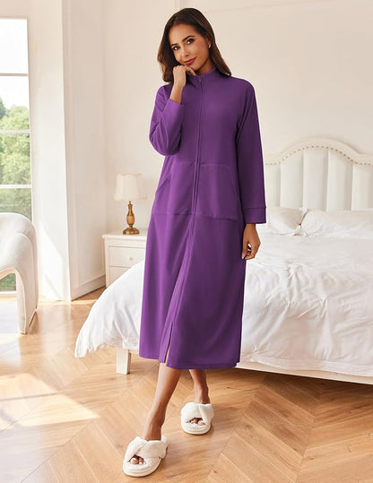 Ekouaer Women Zipper Robe Long Sleeves House Coat Soft Bathrobe Sleepwear with Pockets Housecoat Loungewear
