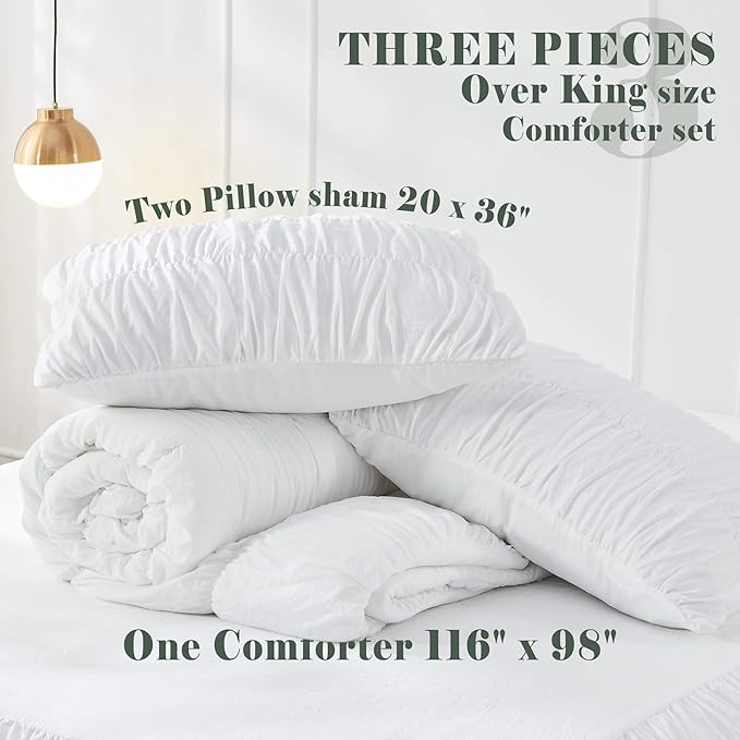 Bonlino King Size Fluffy 3 Piece Ruffle Comforter Set with Pillow in White - Soft and Luxury Boho Shabby Chic Bedroom Comforter