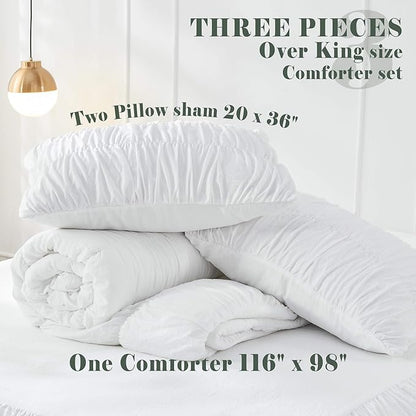 Bonlino King Size Fluffy 3 Piece Ruffle Comforter Set with Pillow in White - Soft and Luxury Boho Shabby Chic Bedroom Comforter