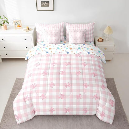 Feelyou Pink Bow Comforter Set with Sheets King Size Kids Bowknot Pliad 7 Pieces Bedding Set for Boys Girls Teens Gift for Girls Women Grid Bed in a Bag Breathable Princess Décor Bed Set
