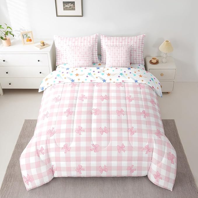 Feelyou Pink Bow Comforter Set with Sheets Full Size Kids Bowknot Pliad 7 Pieces Bedding Set for Boys Girls Teens Gift for Girls Women Grid Bed in a Bag Breathable Princess Décor Bed Set