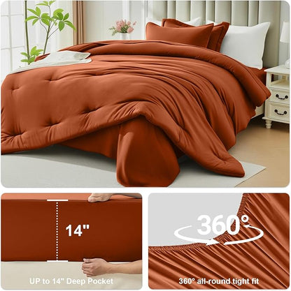 King Size Comforter Set 7 Pieces - Soft Bed in a Bag King Bed Set, Cozy Luxury Bedding Sets with All Season Comforter, Flat Sheet, Fitted Sheet, 2 Pillowcases & 2 Shams, Orange