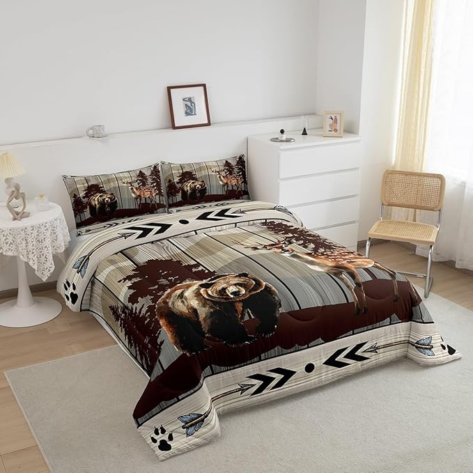 Feelyou Cute Bear Comforter Set Wild Animal Pattern Bedding Set for Teens Deer Wildlife Bear Bedding Set Western Farmhouse Grey Duvet Set Room Decor Toddler Size Duvet Set 2Pcs