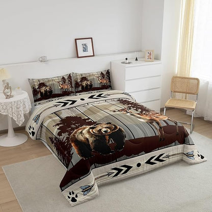 Feelyou Cute Bear Comforter Set Wild Animal Pattern Bedding Set for Teens Deer Wildlife Bear Bedding Set Western Farmhouse Grey Duvet Set Room Decor Twin Size Duvet Set 2Pcs