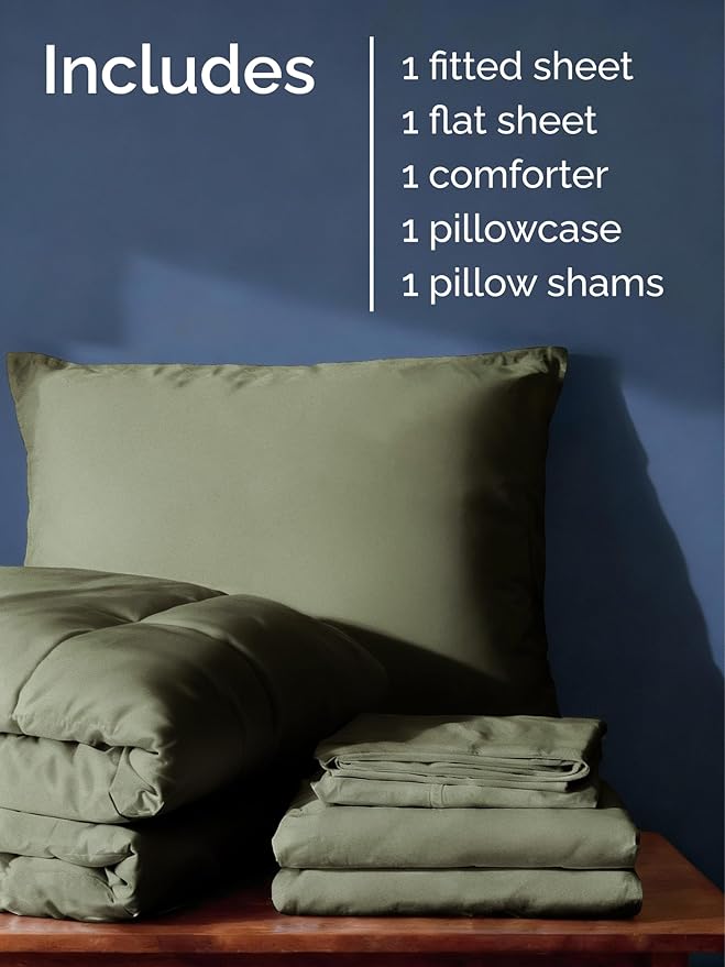 Twin XL Comforter Set - 5 Piece Bed in a Bag Twin XL Size Bed Set - Down Alternative Comforter, Flat Sheet, Fitted Sheet, Pillowcase & Sham for All Seasons - Ultra Soft, Comfy, Breathable - Sage Green
