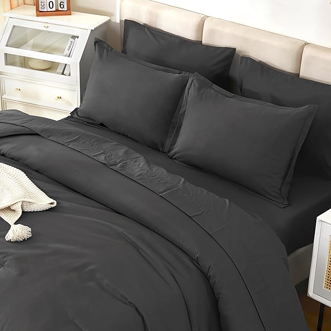 Litanika Oversized King Comforter Sets Dark Grey - 7 Pieces Bed in a Bag Oversized King Bedding Comforter Sets, Solid Lightweight Bed Set with Comforter, Sheets, Pillowcases & Shams