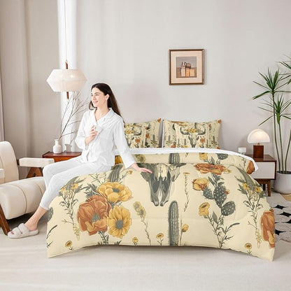 Erosebridal Bull Skull Bed in A Bag Twin | Cactus Tropical Vintage Floral 7 Piece Comforter Set Ancient Mysterious Flower Sheet Set Boho Tribal Symbol Fitted Sheet Breathable Lightweight