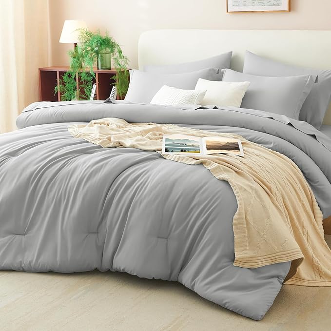 CozyLux Full Size Comforter Set Light Grey, 7 Pieces Bed in a Bag Full Comforter Set with Sheets, Bedding Set with Down Alternative Comforter, Fitted Sheet, Flat Sheet, Pillow Shams and Pillowcases