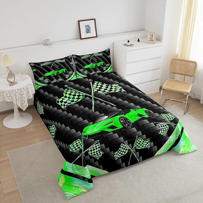 jejeloiu Green Race Car Bedding Set Toddle Size Extreme Sports Comforter Set for Kids Teens Adult Fast and Furious Duvet Set Dazzling Flag Quilt Set 2Pcs