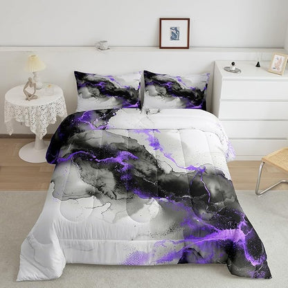 Erosebridal Black Purple Marble Bed in a Bag 7pcs Grey Marbling Bedding Set, Modern Aesthetic Full Size Comforter Set Mountain Fluid Bedding Comforter Sets, Foil Print Stone Pattern Bed Set