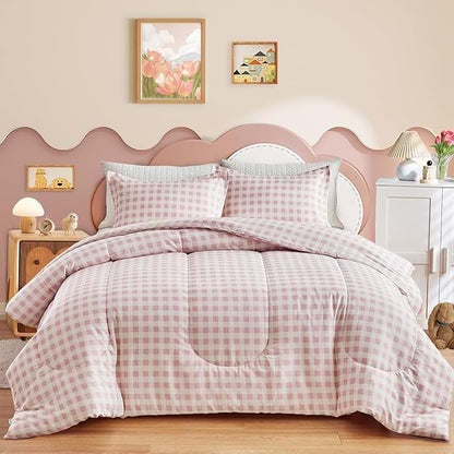 Joyreap 3pcs Cotton Comforter Set Queen, Pink Grid Gingham Check Design for Girls, Soft Cozy Lightweight Bedding Comforter Set for All Seasons- 88x88 inches