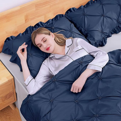 JOLLYVOGUE King Size Comforter Set 7 Pieces, Navy Blue Bed in a Bag Comforter Set for Bedroom, Beddding Sets with Comforter, Sheets,Ruffled Shams & Pillowcases
