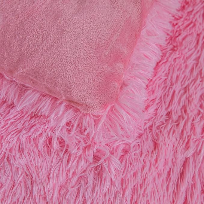 chovy Faux Fur Plush Pink Comforter Sets Twin/Full Size - Ultra Soft Shaggy Flannel Velvet Fluffy Fuzzy 3PC Bedding Set （Comforter x 1 Pillowcases x 2）