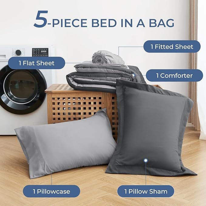 Sasttie Twin XL Comforter Set, 5 Pieces Twin XL Bed in a Bag, Complete Bedding Set Includes Comforter, Flat Sheet, Fitted Sheet, Pillowcase and Pillow Sham, Dark Grey & Light Grey