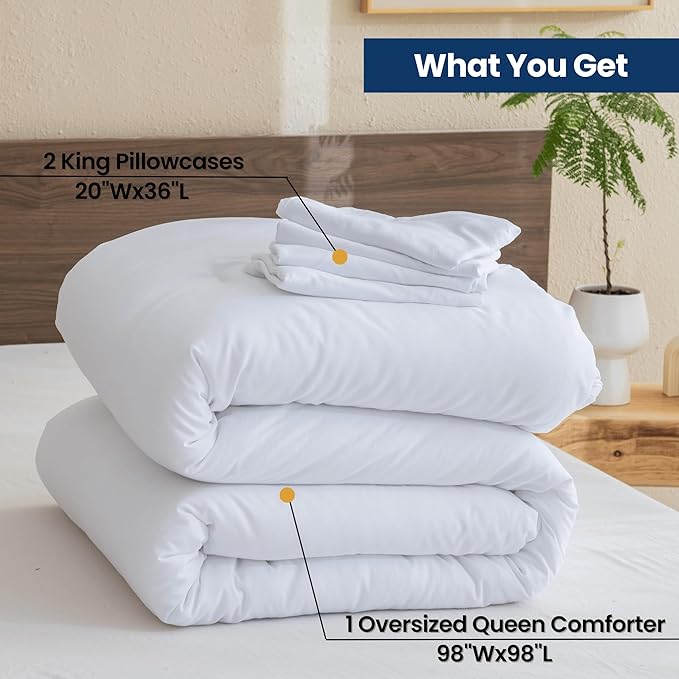 Paxrac White Oversized Queen Comforter Set 98x98In, 3 Pieces Comforter Set, Lightweight Solid Bedding Set, All Seasons Soft Fluffy Bed Set (1 Comforter & 2 Pillowcases)