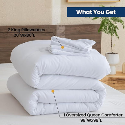 Paxrac White Oversized Queen Comforter Set 98x98In, 3 Pieces Comforter Set, Lightweight Solid Bedding Set, All Seasons Soft Fluffy Bed Set (1 Comforter & 2 Pillowcases)
