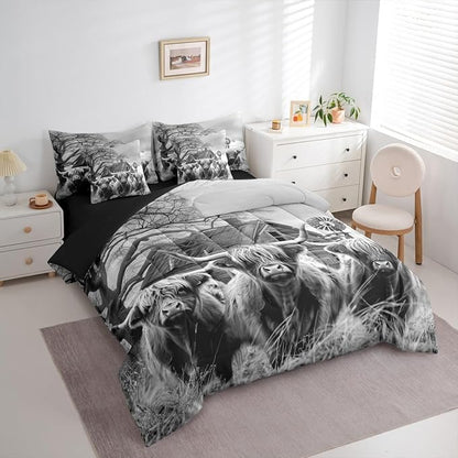Erosebridal Highland Cow Twin Bedding Set - Cow Print Bed in A Bag,Western Rustic Comforter Sets with Sheets, Farmhouse Cabin Decor 7 Pieces Bed Set for Boys Girls Kids Room Decor