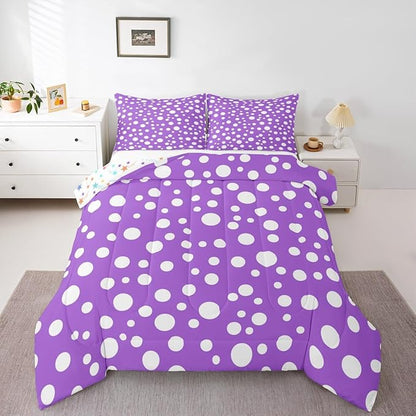 Manfei White Polka Dots Comforter Set Toddler Size,Purple White Simple Geometric Circles Bedding Set 2 Pcs for Boys Girls,French Style Cute Dots Print Comforter,1 Pillowcase