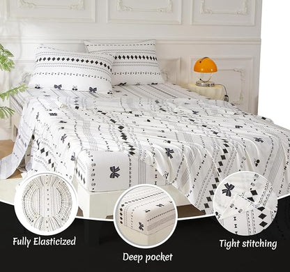 SDY 7PCS Bow Floral,Cherry Comforter and Sheet Set Queen Size，Boho Print Pattern Bedding Sets Includes 1*Comforter,1* Flat Sheet, 1*Fitted Sheet,2*Pillowcases and 2*PillowcaseShams