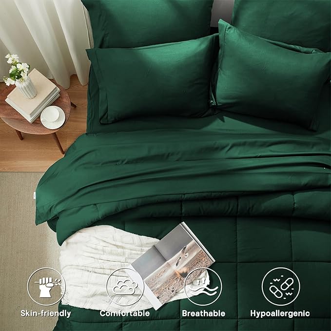 Anluoer King Comforter Set 7 Piece, Emerald Green Bed in a Bag with Sheets, Comforters King Size Bedding Sets with 1 Comforter, 2 Pillow Shams, 2 Pillowcases, 1 Flat Sheet,1 Fitted Sheet