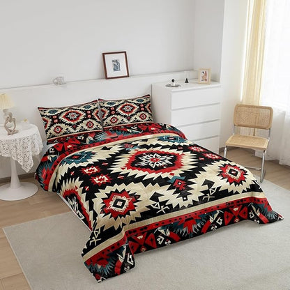 Feelyou Boho Comforter Set King Size Southwest Native American Design Comforter Southwestern Geometric Bedding Set Western Decor Duvet Set Room Decor Black Beige Quilt Set