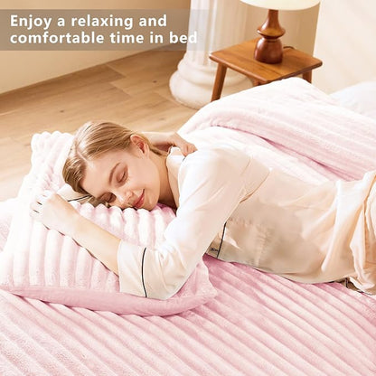 CozyLux Fluffy Queen Comforter Set - Super Soft Faux Fur Pink Comforter Queen Size, Winter Warm Fleece Bedding Set, 3 Pieces Plush Fuzzy Bed Set (1 Shaggy Comforter, 2 Pillowcases)