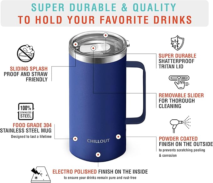 CHILLOUT LIFE Stainless Steel Vacuum Insulated Coffee Mug 20 oz (Set of 2) with Handle and Lid, Large Thermal Camping Coffee Mugs with Sliding Lid for Men & Women, Keeps Your Beverages Hot & Cold