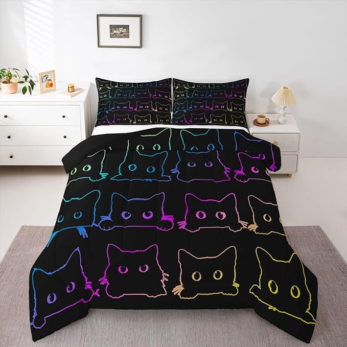 Erosebridal Cute Cats Bedding Set Queen Kawaii Cat Pet Comforter Colorful Neon Ombre Animal Line Down Lovely Lovers Room Decor Lightweight Duvet For Teens Children Boy Girl,Multi 362