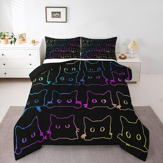 Erosebridal Cute Cats Bedding Set Queen Kawaii Cat Pet Comforter Colorful Neon Ombre Animal Line Down Lovely Lovers Room Decor Lightweight Duvet For Teens Children Boy Girl,Multi 362