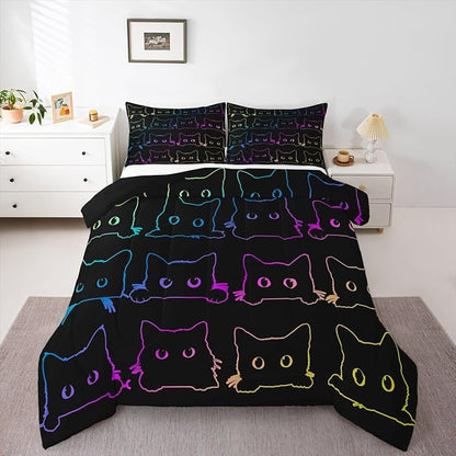 Cute Cats Bedding Set King Kawaii Cat Pet Comforter Set Colorful Neon Ombre Kawaii Animal Line Down Comforter Lovely Cat Lovers Room Decor Lightweight Duvet Set For Teens Children Boy Girl