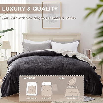 Westinghouse Heated Blanket Full Size, Soft Flannel to Sherpa Electric Blanket with 10 Heating Levels, 1-12 Hours Auto Shut Off, Fast Heating Warming Blanket, Machine Washable, 72x84 Inch, Charcoal