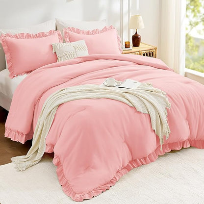 FUANNA Full Size Comforter Sets Pink, 3 Pieces Ruffle Full Size Bedding Sets, Fluffy Bed in a Bag Full for All Seasons, Shabby Chic Full Bed Set with 1 Lightweight Comforter & 2 Pillowshams