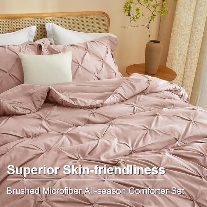AMWAN Ruffled Pintuck Shabby Chic Farmhouse Comforter Set King Size 3 PCS (1 Solid Ruffled Comforter with 2 Pillowcases) Soft Fluffy Pinch Pleated Comforter Set All Seasons Comforter Set Dusty Rose