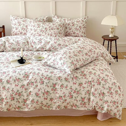 MKXI Queen Red Floral Comforter Set for Girls Botanical Bedding Comforter Red Flowers Print Vintage Farmhouse Bed Comforters
