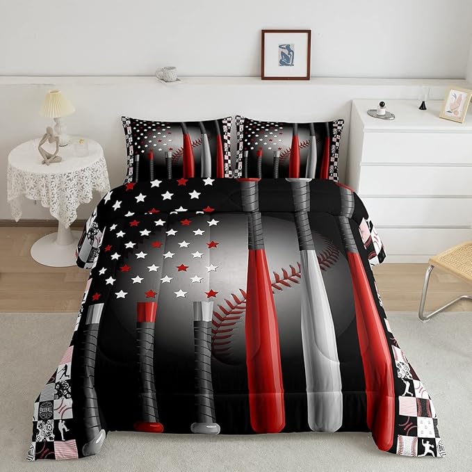 Erosebridal Baseball Comforter Set Twin,Softball American Flag Duvet Insert for Kids Boys Girls,Sports Game Duvet Insert Bedroom Decor,Geometric Stars Striped Down Comforter with 1 Pillow Sham