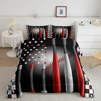 Erosebridal Baseball Comforter Set Twin,Softball American Flag Duvet Insert for Kids Boys Girls,Sports Game Duvet Insert Bedroom Decor,Geometric Stars Striped Down Comforter with 1 Pillow Sham