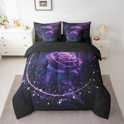Erosebridal 7 Piece Purple Rose Comforter Set King with Sheets,Romantic Flowers Rose Bedding Set for Couples Bedroom Decor,Galaxy Stars Bed in a Bag,Valentines Day Wedding Gifts for Women Girls