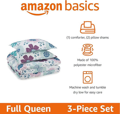 Amazon Basics 3-Piece Soft, Plush Microfiber Kids' Comforter and Pillow Sham Set, Full/Queen, Purple Flowers, Bluish Pink, Floral
