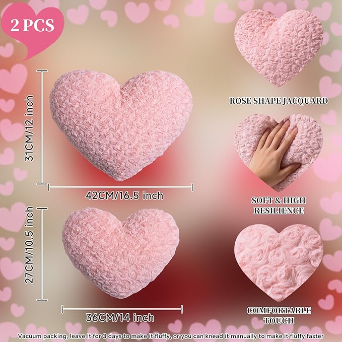 Lanpn Valentines Day Heart Pillows 2Pcs, Love Heart Shaped Pillow Soft Plush Throw Pillow Plush Heart Decorative Cushion for Couch Bed Sofa Valentine's Day Decor (Pink, 16.5x12in/14x10.5in)