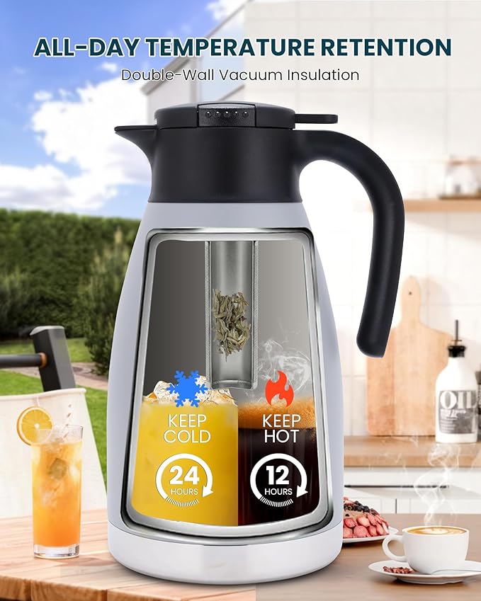 GiNT 74oz Large Thermal Coffee Carafe with Infuser–Insulated Tea Carafe, Removable Filter, Dishwasher-Safe|2.2L 10+ Cups,Wide Mouth,Dual Seal|Stainless Steel Beverage Server for Office&Events