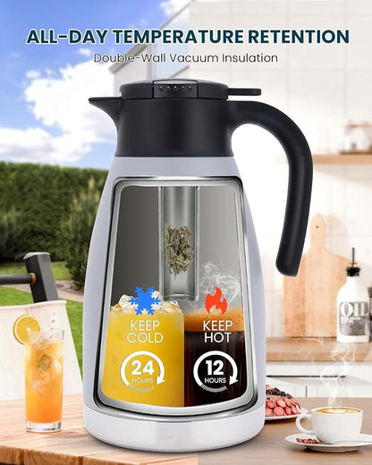 GiNT 74oz Large Thermal Coffee Carafe with Infuser–Insulated Tea Carafe, Removable Filter, Dishwasher-Safe|2.2L 10+ Cups,Wide Mouth,Dual Seal|Stainless Steel Beverage Server for Office&Events