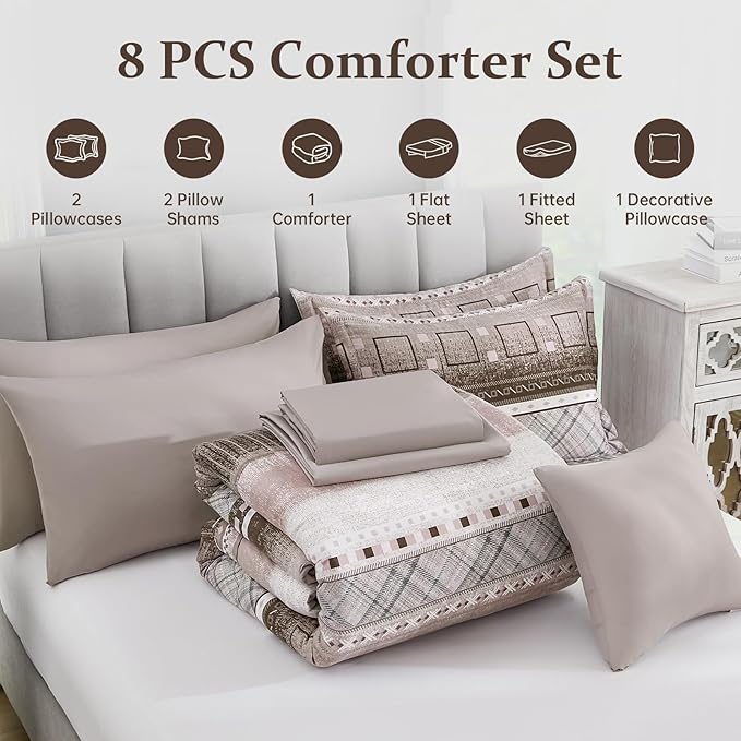WONGS BEDDING Queen Size Comforter Set 8 Piece, Texture Striped Bed in a Bag Brown Comforter and Sheet Set, Boho Lightweight Microfiber Bedding Set for All Season (90"×90")
